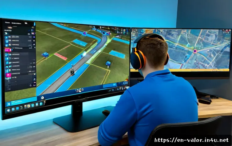 발로란트 새로운 맵의 분석 - Photorealistic esports analyst at a clean modern desk studying a new tactical shooter map on two wid...