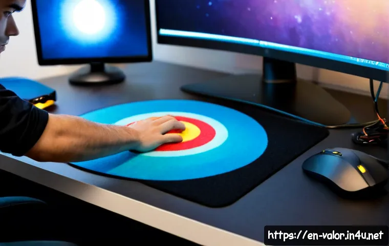 발로란트 에임 교정 팁 - Photorealistic over-the-shoulder view of a focused young adult gamer practicing precise mouse aim at...