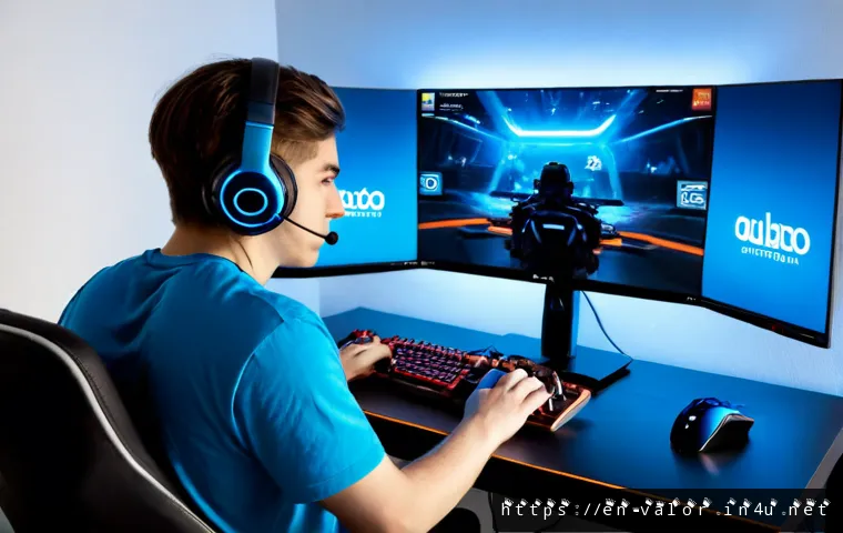 발로란트 e스포츠 클랜 가입법 - Photorealistic home gaming desk scene showing a young adult esports player joining an online competi...