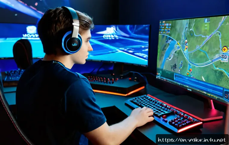 발로란트 라운드별 포지셔닝 - Photorealistic esports strategy scene, focused young adult gamer wearing a headset at a clean deskto...