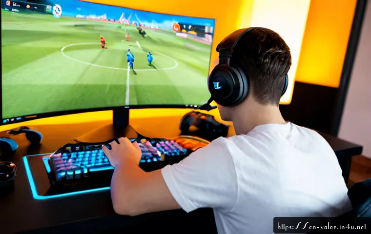 Home 30 발로란트 유저 중심 콘텐츠 - Photorealistic young adult gamer wearing a headset at a clean modern desktop setup, focused on a col...