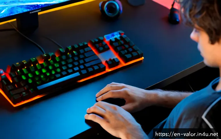 Home 17 발로란트 유용한 단축키 모음 - Photorealistic over-the-shoulder view of a focused young adult gamer at a clean modern desk, one han...